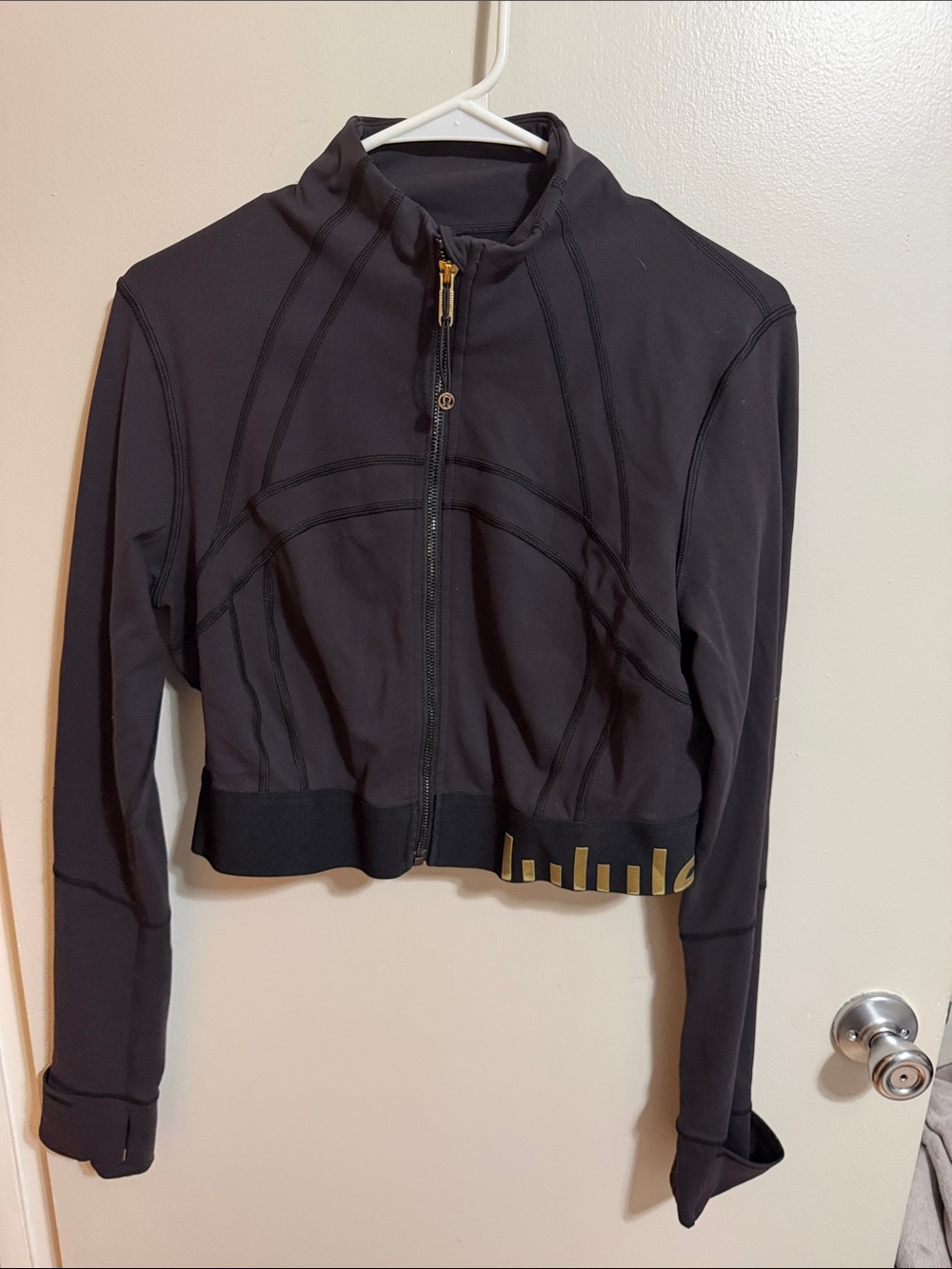 lululemon athletica Black Cropped Zip-Up Bomber Jacket with Gold Accents